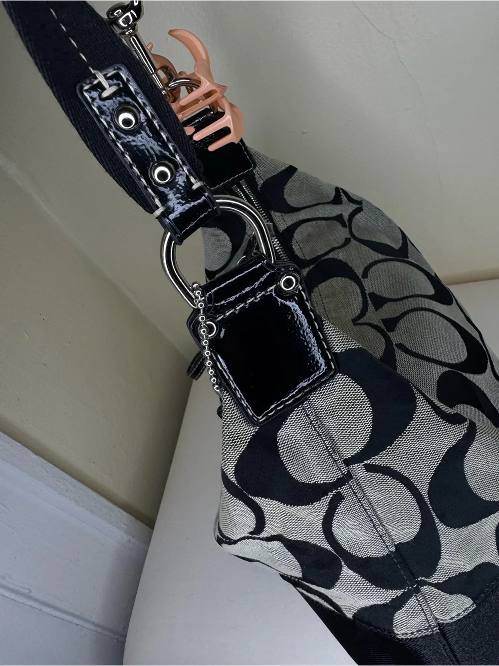 Coach Black & Gray Signature Canvas Shoulder Bag with Leather Trim